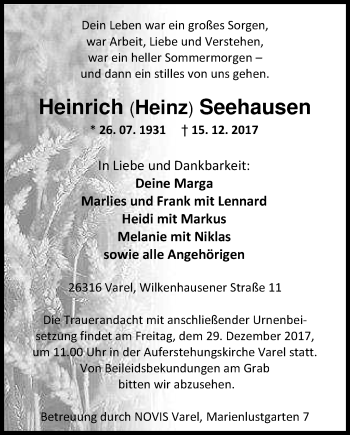 Traueranzeige von Heinrich Seehausen von Nordwest-Zeitung