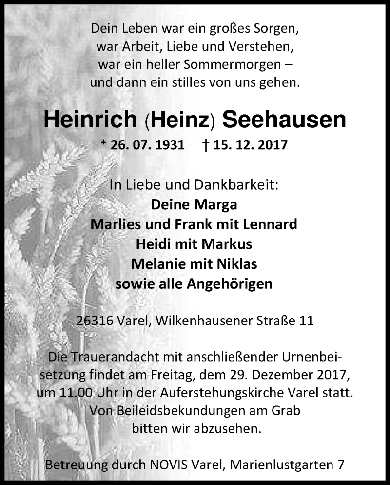  Traueranzeige für Heinrich Seehausen vom 23.12.2017 aus Nordwest-Zeitung