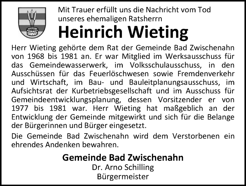  Traueranzeige für Heinrich Wieting vom 20.12.2017 aus Nordwest-Zeitung