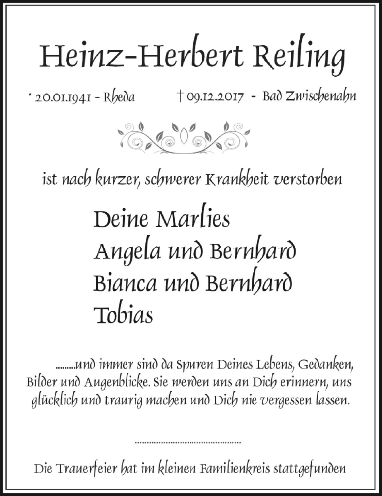 Traueranzeigen von Heinz-Herbert Reiling | nordwest-trauer.de
