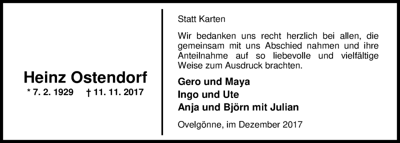  Traueranzeige für Heinz Ostendorf vom 09.12.2017 aus Nordwest-Zeitung