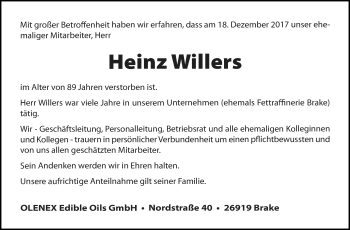 Traueranzeige von Heinz Willers von Nordwest-Zeitung