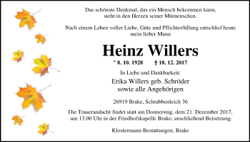 Traueranzeige von Heinz Willers von Nordwest-Zeitung