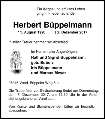 Traueranzeige von Herbert Büppelmann von Nordwest-Zeitung