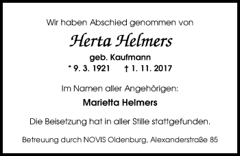 Traueranzeige von Herta Helmers von Nordwest-Zeitung