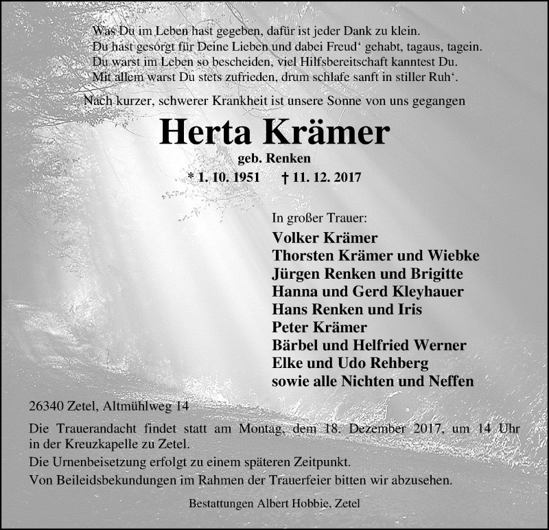  Traueranzeige für Herta Krämer vom 13.12.2017 aus Nordwest-Zeitung
