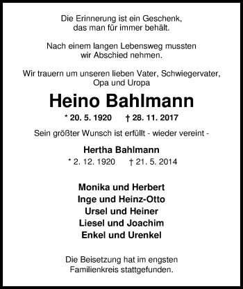 Traueranzeige von Hertha Bahlmann von Nordwest-Zeitung