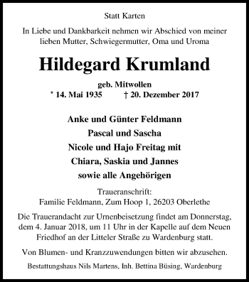 Traueranzeige von Hildegard Krumland von Nordwest-Zeitung