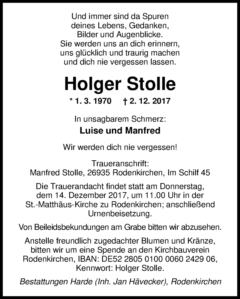  Traueranzeige für Holger Stolle vom 06.12.2017 aus Nordwest-Zeitung