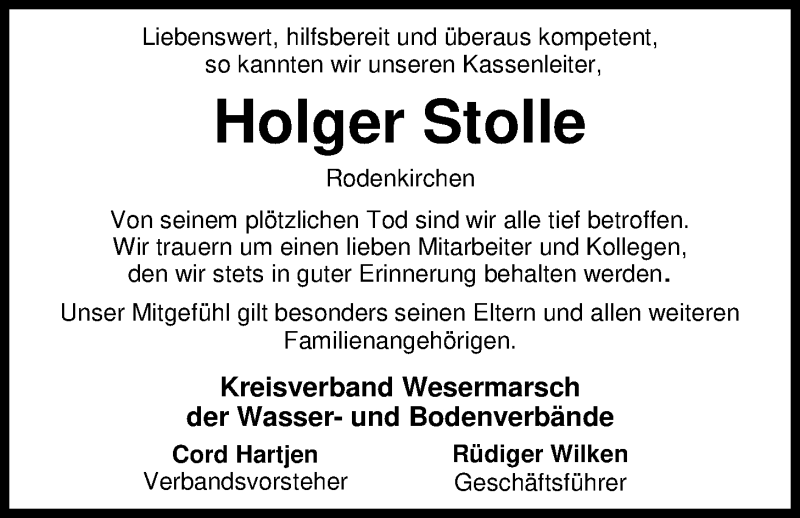  Traueranzeige für Holger Stolle vom 07.12.2017 aus Nordwest-Zeitung