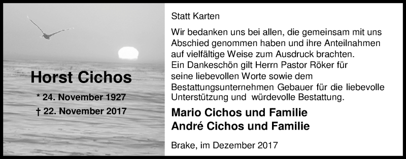  Traueranzeige für Horst Cichos vom 23.12.2017 aus Nordwest-Zeitung