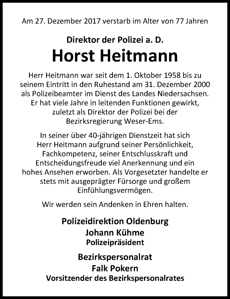  Traueranzeige für Horst Heitmann vom 30.12.2017 aus Nordwest-Zeitung
