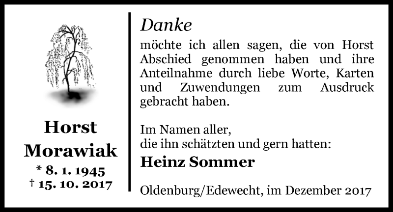  Traueranzeige für Horst Morawiak vom 16.12.2017 aus Nordwest-Zeitung