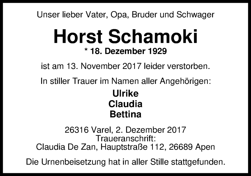  Traueranzeige für Horst Schamoki vom 02.12.2017 aus Nordwest-Zeitung