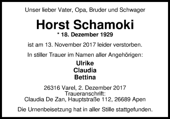 Traueranzeige von Horst Schamoki von Nordwest-Zeitung