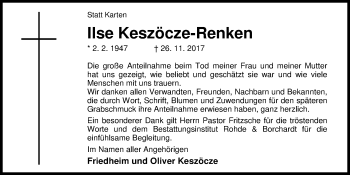 Traueranzeige von Ilse Keszöcze-Renken von Nordwest-Zeitung