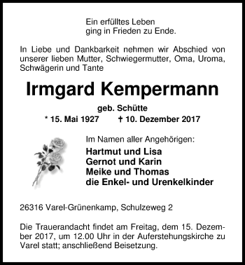 Traueranzeige von Irmgard Kempermann von Nordwest-Zeitung