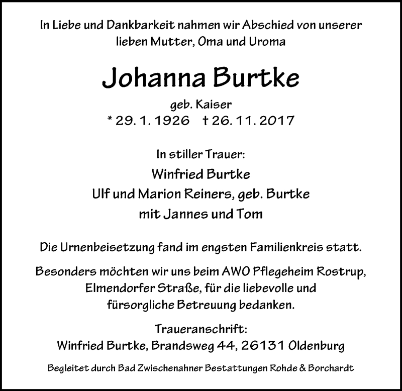  Traueranzeige für Johanna Burtke vom 12.12.2017 aus Nordwest-Zeitung