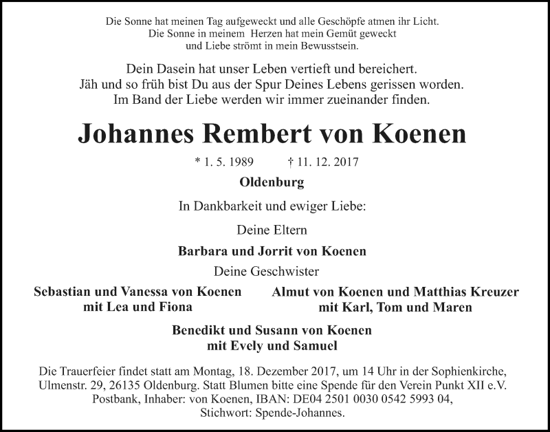  Traueranzeige für Johannes Rembert  von Koenen vom 16.12.2017 aus Nordwest-Zeitung