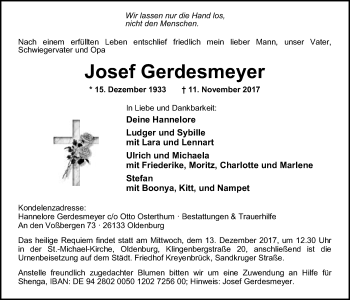 Traueranzeige von Josef Gerdesmeyer von Nordwest-Zeitung