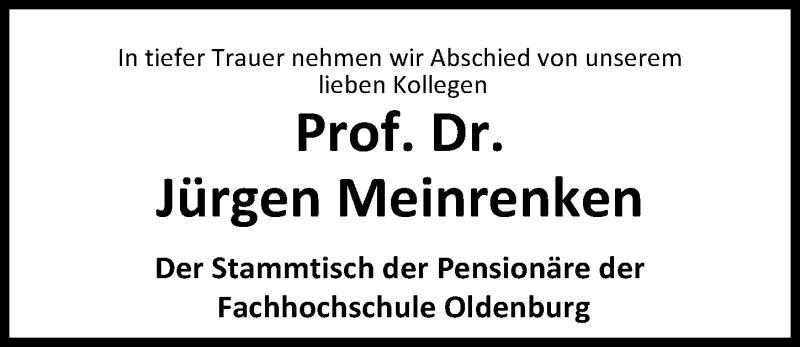  Traueranzeige für Jürgen Meinrenken vom 05.12.2017 aus Nordwest-Zeitung
