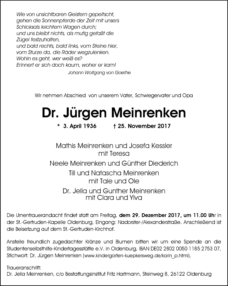  Traueranzeige für Jürgen Meinrenken vom 02.12.2017 aus Nordwest-Zeitung