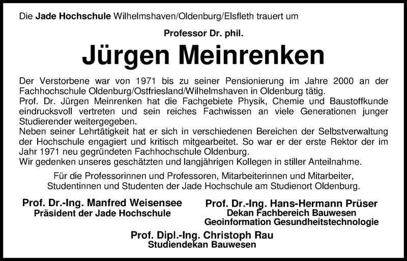  Traueranzeige für Jürgen Meinrenken vom 02.12.2017 aus Nordwest-Zeitung