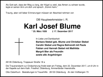 Traueranzeige von Karl Josef Blume von Nordwest-Zeitung