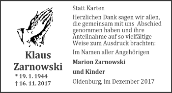 Traueranzeige von Klaus Zarnowski von Nordwest-Zeitung