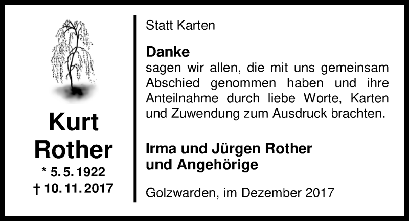  Traueranzeige für Kurt Rother vom 16.12.2017 aus Nordwest-Zeitung