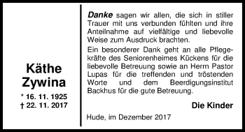 Traueranzeige von Käthe Zywina von Nordwest-Zeitung