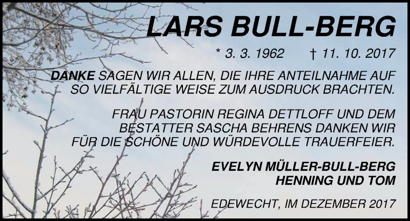  Traueranzeige für Lars Bull-Berg vom 16.12.2017 aus Nordwest-Zeitung