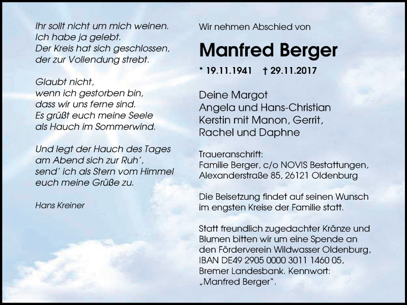  Traueranzeige für Manfred Berger vom 02.12.2017 aus Nordwest-Zeitung