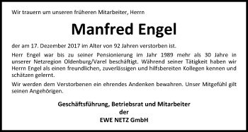 Traueranzeige von Manfred Engel von Nordwest-Zeitung