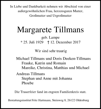 Traueranzeige von Margarete Tillmans von Nordwest-Zeitung