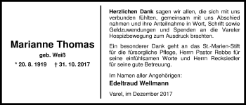Traueranzeige von Marianne Thomas von Nordwest-Zeitung