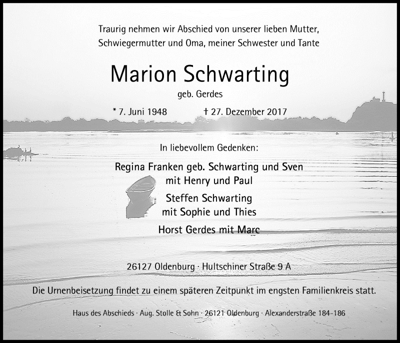  Traueranzeige für Marion Schwarting vom 30.12.2017 aus Nordwest-Zeitung