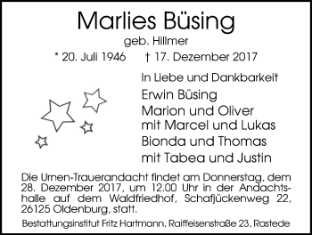 Traueranzeige von Marlies Buesing von Nordwest-Zeitung