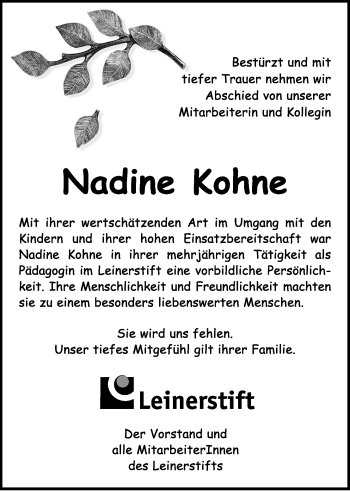 Traueranzeige von Nadine Kohne von Nordwest-Zeitung