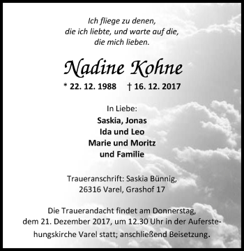 Traueranzeige von Nadine Kohne von Nordwest-Zeitung