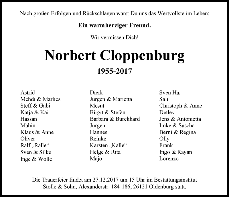 Traueranzeigen von Norbert Cloppenburg | nordwest-trauer.de
