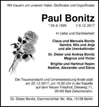 Traueranzeige von Paul Bonitz von Nordwest-Zeitung