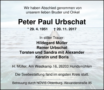 Traueranzeige von Peter Paul Urbschat von Nordwest-Zeitung