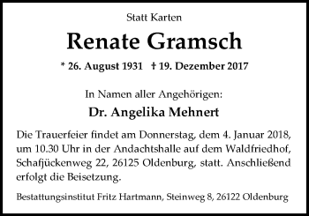 Traueranzeige von Renate Gramsch von Nordwest-Zeitung