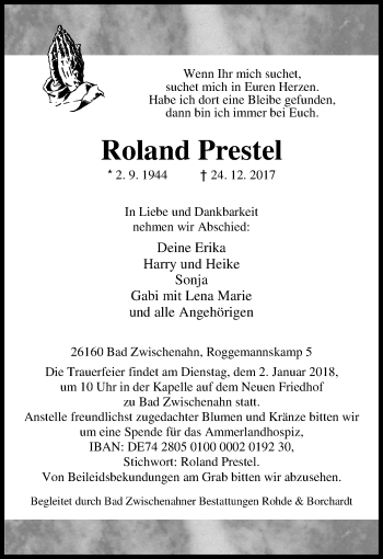 Traueranzeige von Roland Prestel von Nordwest-Zeitung