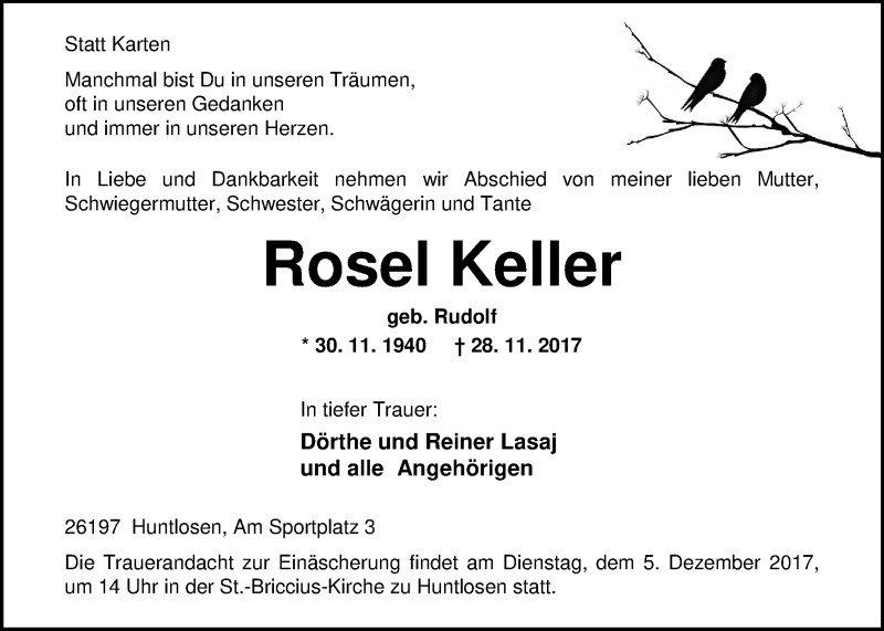  Traueranzeige für Rosel Keller vom 01.12.2017 aus Nordwest-Zeitung