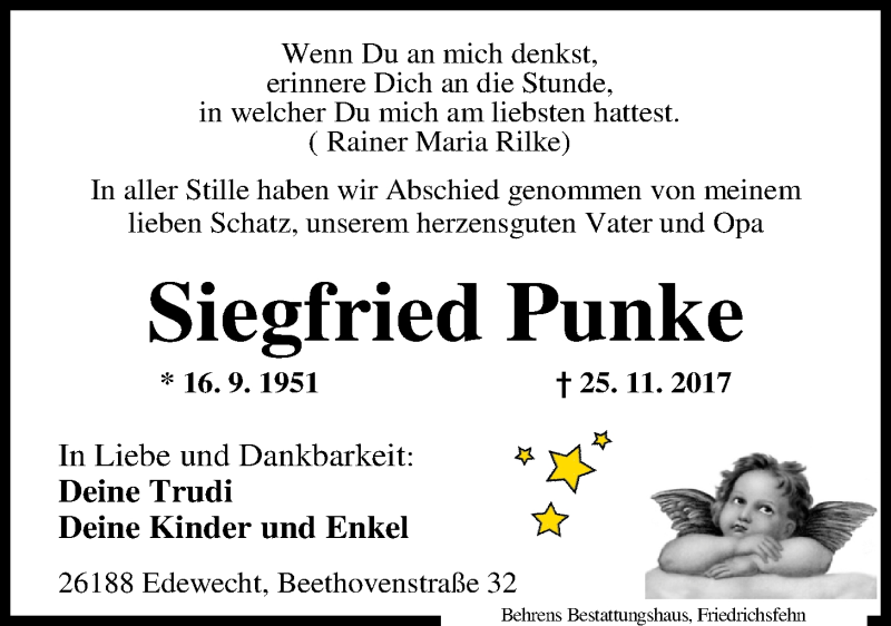  Traueranzeige für Siegfried Punke vom 09.12.2017 aus Nordwest-Zeitung