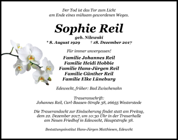 Traueranzeige von Sophie Reil von Nordwest-Zeitung
