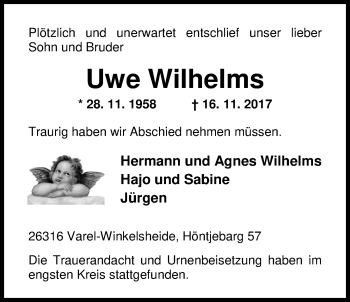 Traueranzeige von Uwe Wilhelms von Nordwest-Zeitung