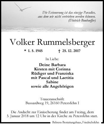 Traueranzeige von Volker Rummelsberger von Nordwest-Zeitung